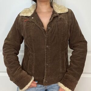 Roxy Jean Corduroy Jacket Women XL Brown Faux Shearling Trim Plaid Lined Y2K